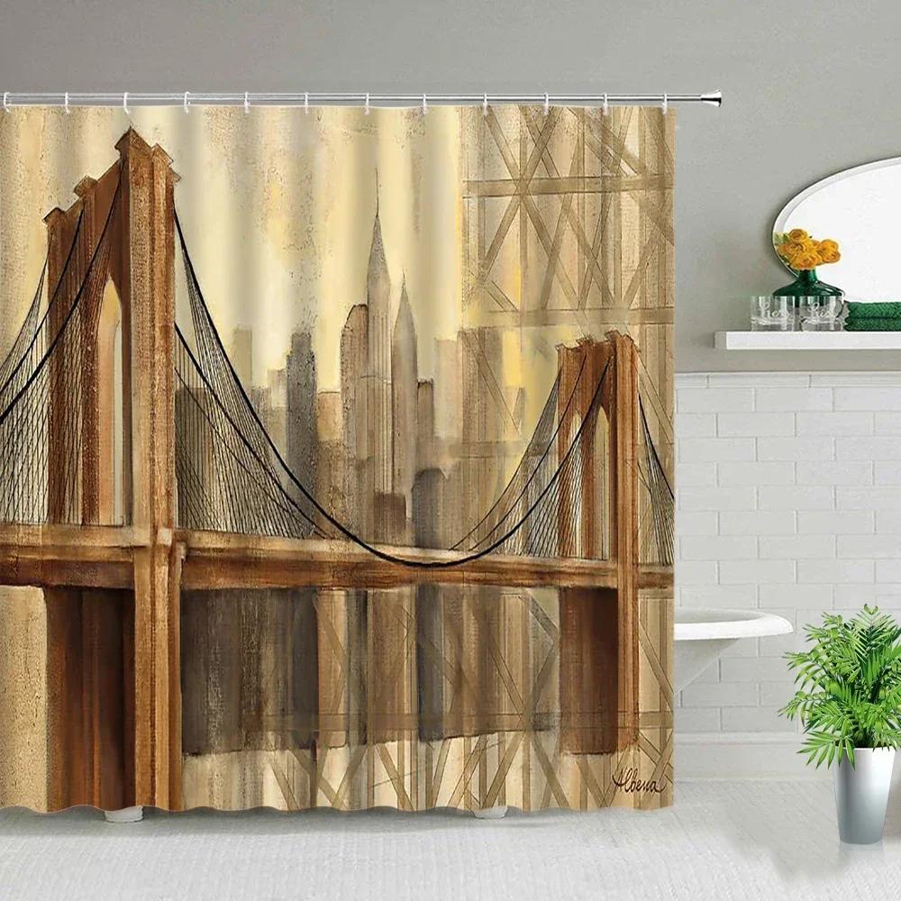 London Big Ben Shower Curtain European Style Red Tram Telephone Hall Scenery Old Newspaper Bath Screen Bathroom Curtain Box