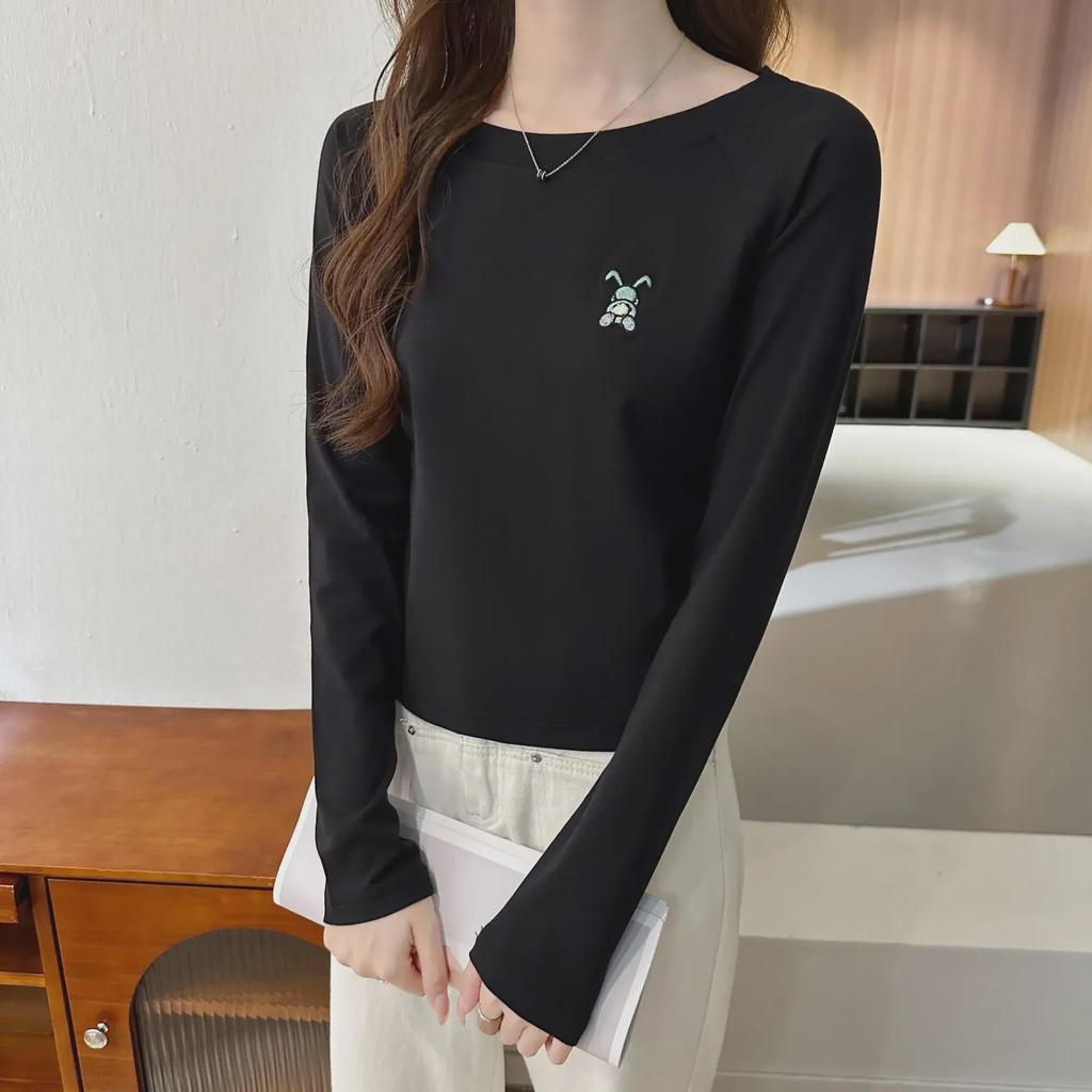 Damen 2024 Herbst Slim Fit Baumwolle Langarm Rundhals Besticktes Oberteil