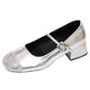 One-word sequined light-mouth single shoes for women's autumn new Xiaoxiangfeng splicing is not tired of foot temperament square head thick heel eve