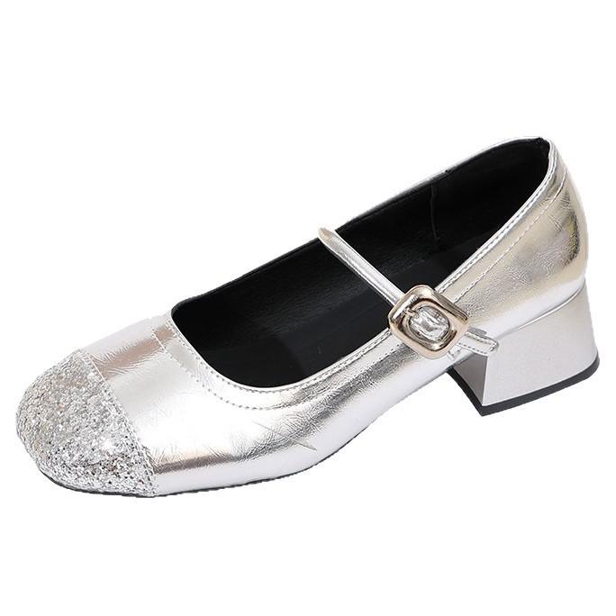 One-word sequined light-mouth single shoes for women's autumn new Xiaoxiangfeng splicing is not tired of foot temperament square head thick heel eve