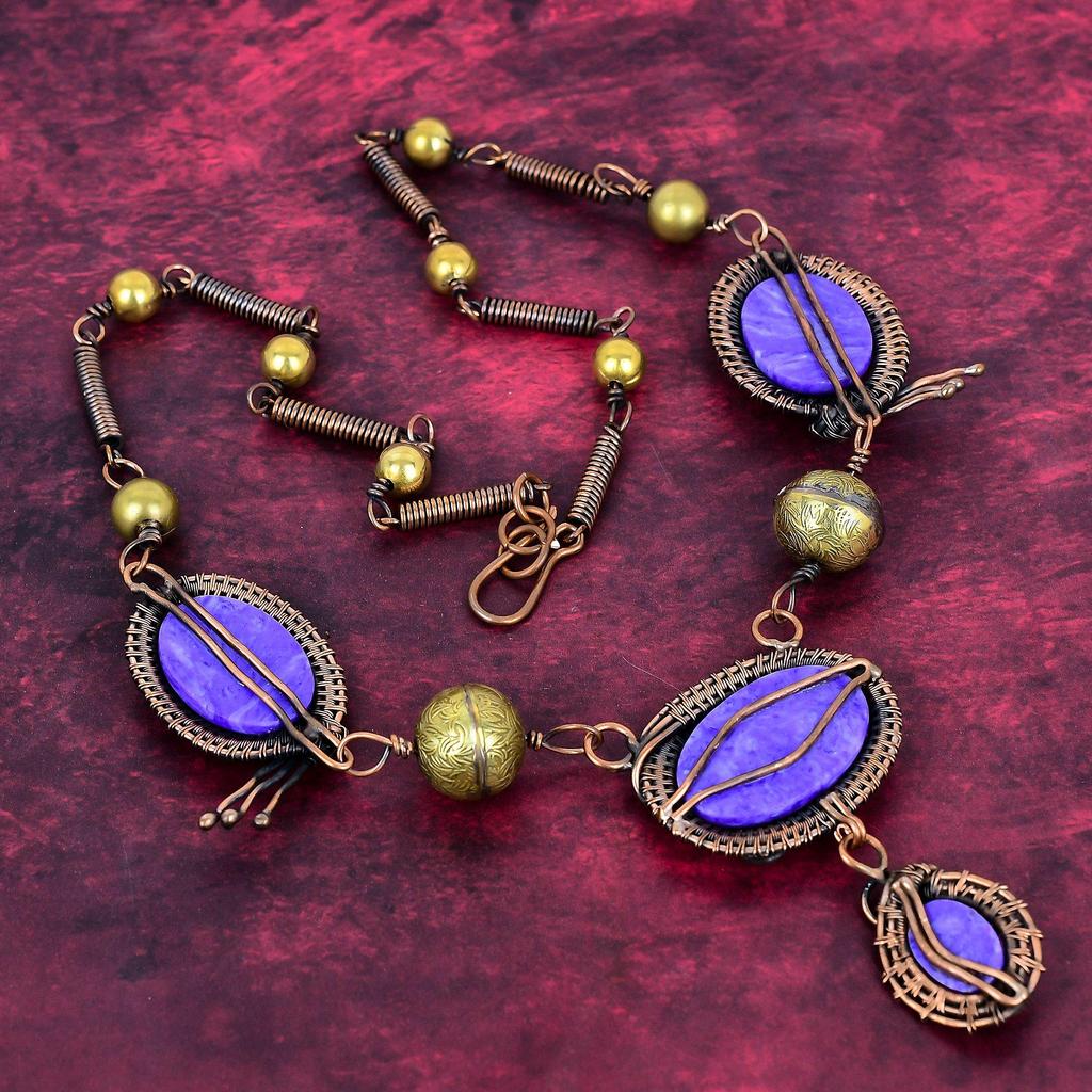 Charoite Gemstone Necklace Copper Wire Wrapped Jewelry Gemstone Necklace Adjustable Chain Necklace