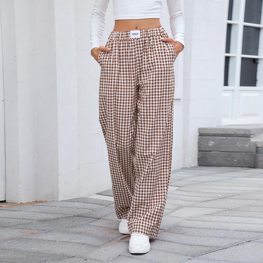 European and American Women's Pure Cotton Plaid Casual Boxer Pants Loose Pocket Trousers