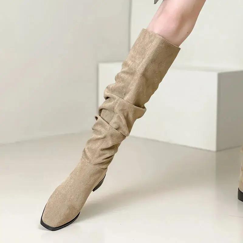 Women's Long Boots Middle Heel Winter 2024 Ladies Knee High Shaft Shoes Autumn Demi-season Large Size Warm Gyaru Designer Luxury