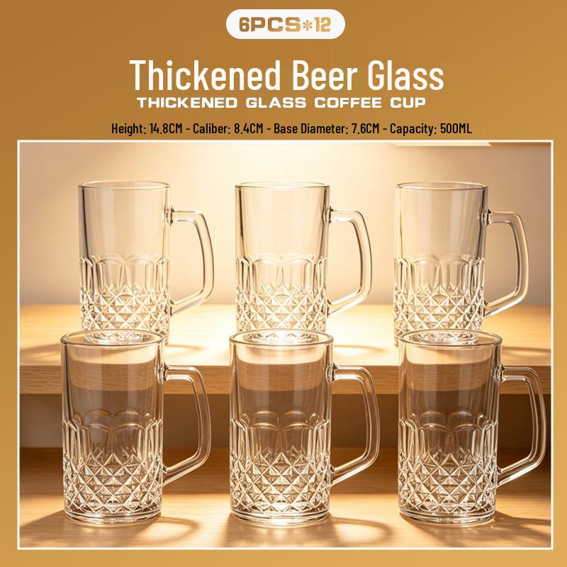 Large Capacity Diamond Pattern Glass Beer Mug - Drop Resistant, Customizable, with Handle, Ideal for Bars & Restaurants