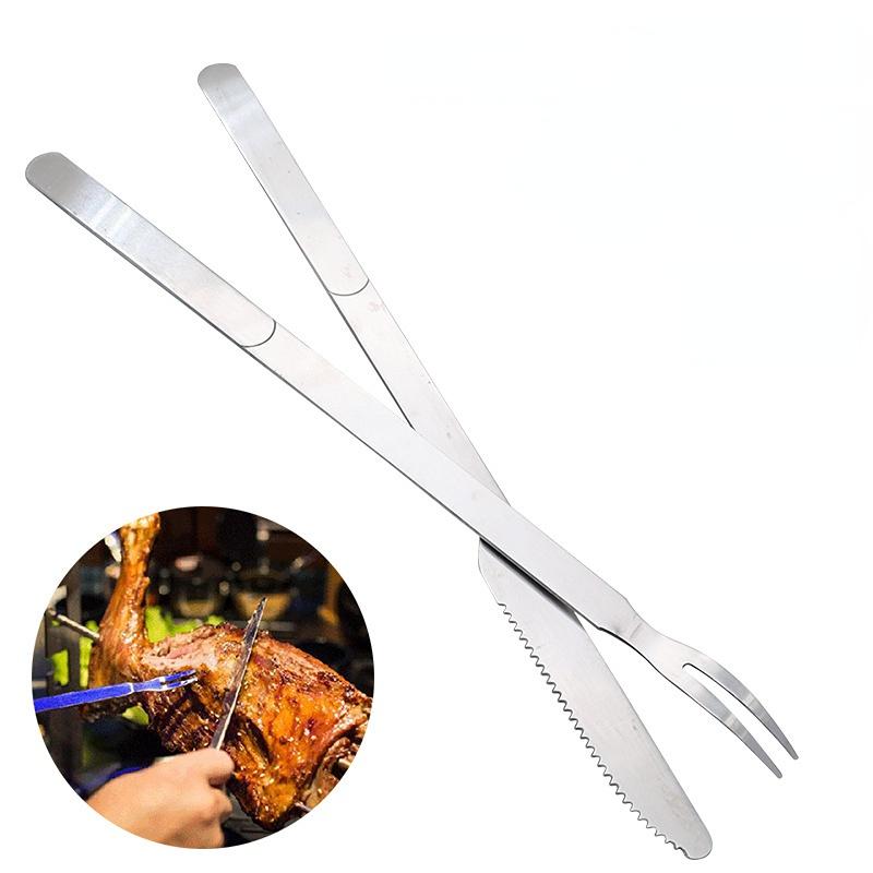 Coltelli da Cena in Acciaio Inossidabile Coltello e Forchetta da Barbecue Posate da Esterno Coltello con Manico Lungo Set Coltello e Forchetta Coltello da Bistecca Strumento per Arrosto di Coscia d'Agnello