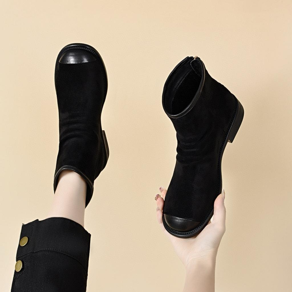 Round Head Short Boots Women's 2025 Autumn and Winter New Round Head Casual Short Boots Rear Zipper Cotton Boots Chelsea Boots Women's Leather Boots