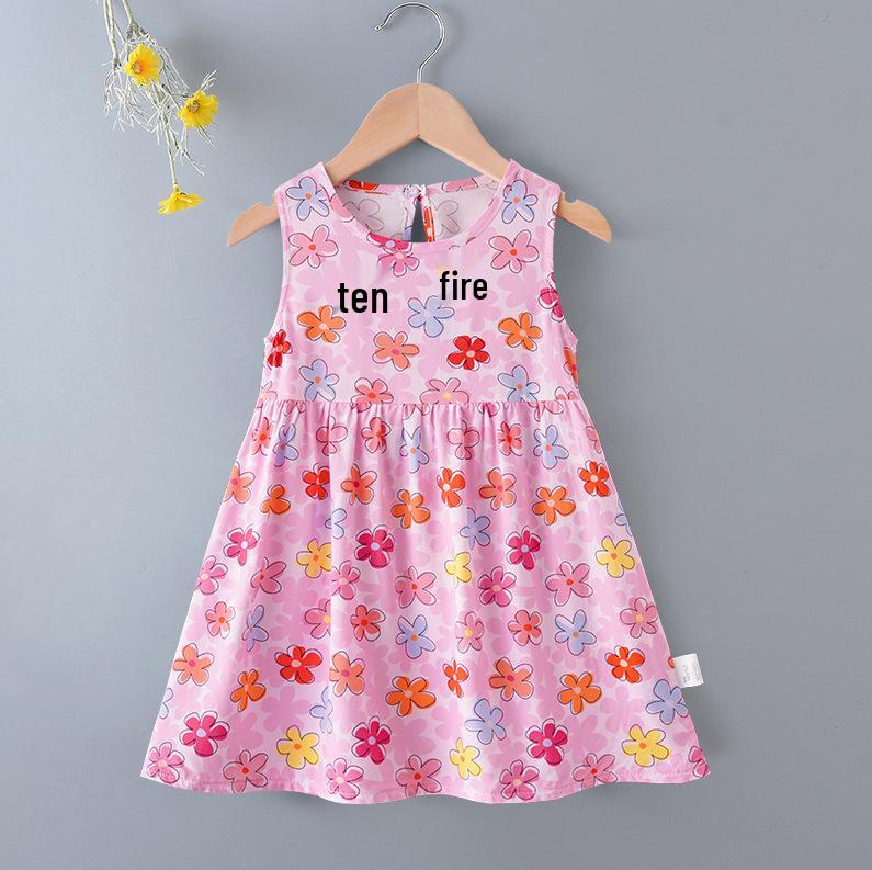 Girls' Floral Summer Princess Beach Dress, Cotton Silk Tank, A-line Skirt