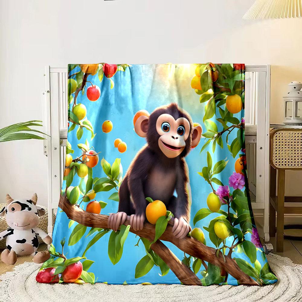 Cheerful Monkey in Fruit Tree Branches print blanket soft and cozy perfect for the living room bed sofa or a nap,gift