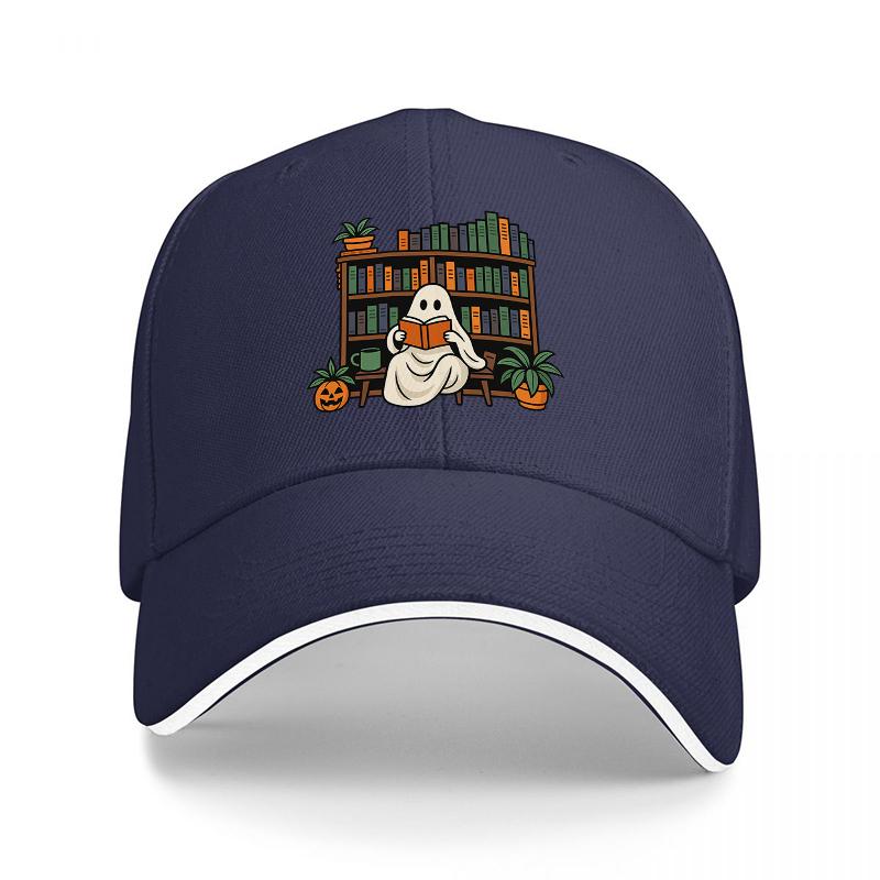 Ghost Reading In Library Bookshelf Halloween Theme Baseball Cap with Pumpkin and Plant Design Black Adjustable Hat for Adults
