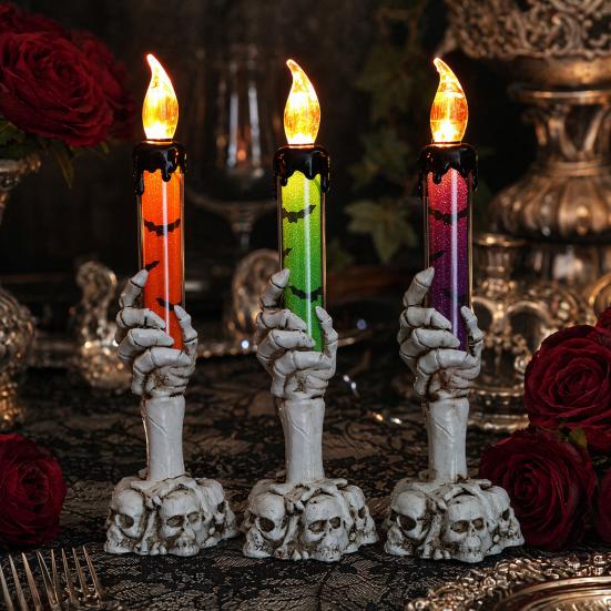 Vintage Style Halloween Ornaments LED Ghost Candle Light, Spooky Hand Lamp Flameless Flickering Lamps Tabletop Decor, Horror Light for Party