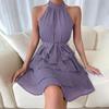 Women Autumn Winter Sleeveless Soild Color Halter Casual A-Line Knee-Length High Waist Ruffled Edges Dress