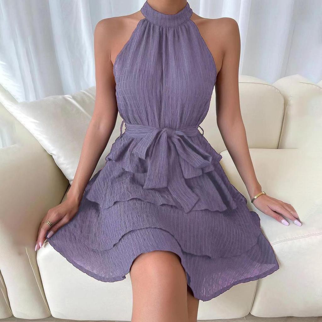 Women Autumn Winter Sleeveless Soild Color Halter Casual A-Line Knee-Length High Waist Ruffled Edges Dress