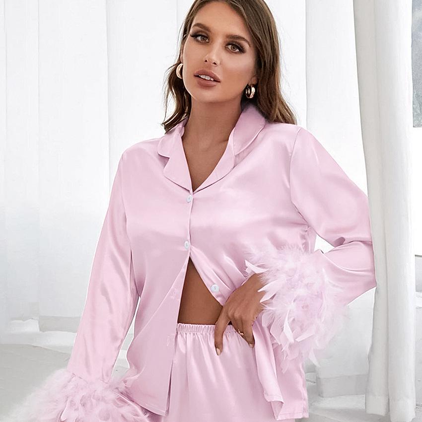 Trendy European American Ice Silk Pajama Set Fashion Ostrich Feather Shirt Long Pants Loose Fit Two Piece Home Service Outfit