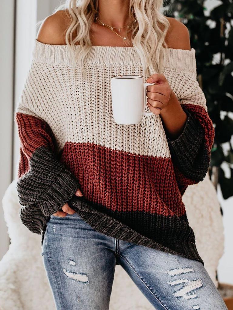 Women's Autumn Winter Knit Set Sweater Loose Patchwork Color One-Shoulder Crewneck Pullover