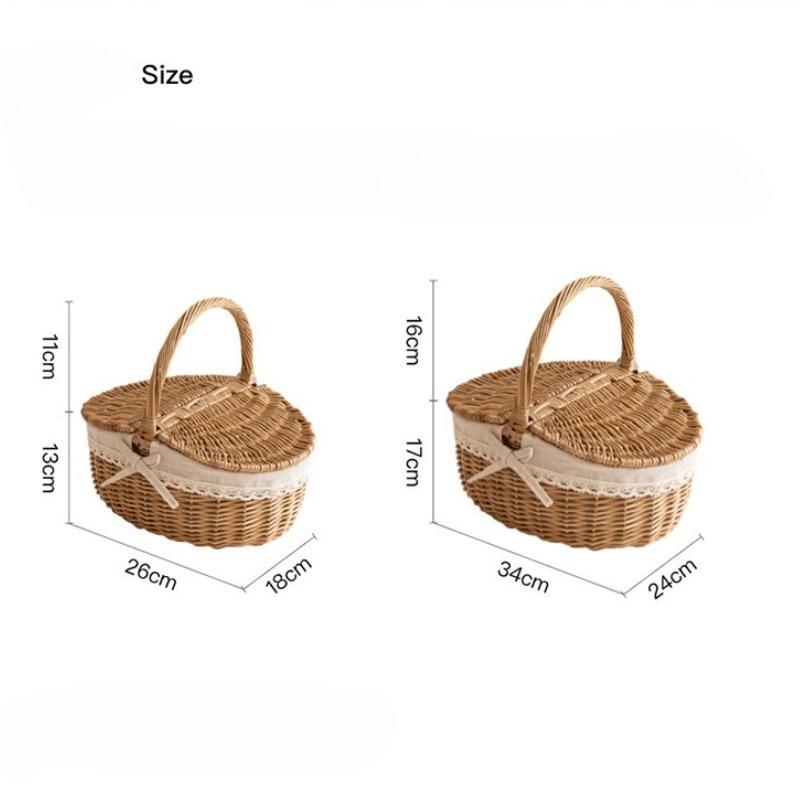 Woven Rattan Picnic Storage Basket Portable Outdoor Food Toy Organizers Basket with Lace Decor Home Travel Picnic Organizer Gift