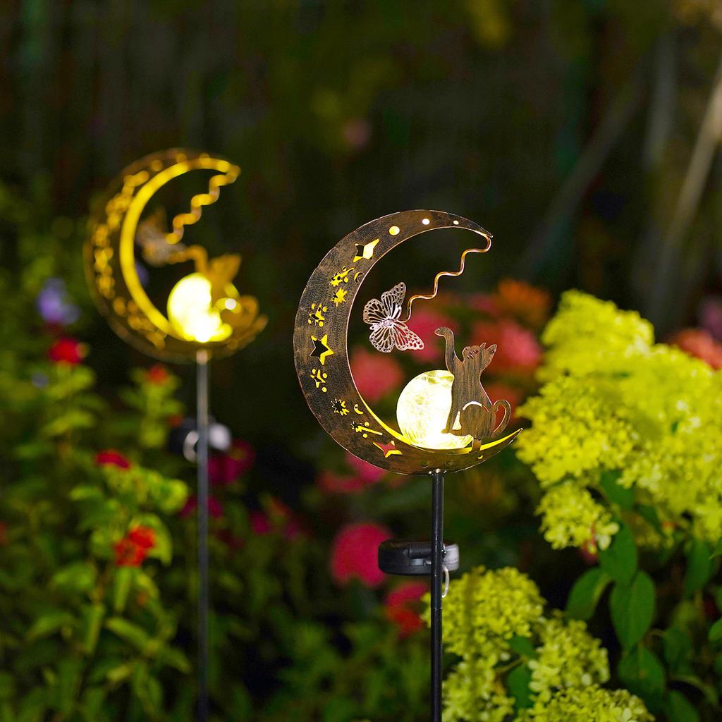 1pc Solar Lawn Light - Cat Paw & Butterfly Design with Moon & Stars, Outdoor Garden Decor Light, Iron Light for Yard, Party Gift