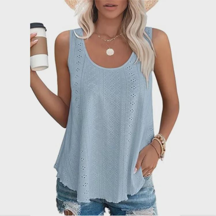 2024 Spring/Summer Sleeveless Hollow Jacquard Top - Women's Casual Round Neck Vest