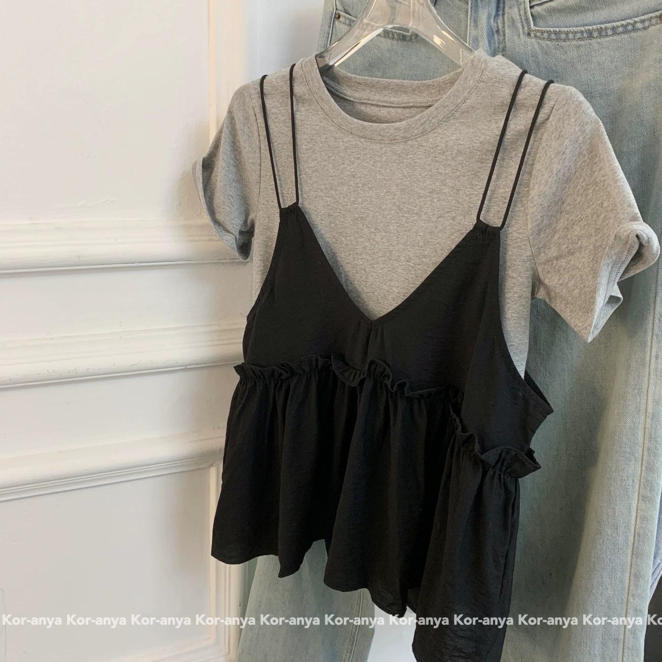 

Kor-anya Stacked Sling Short sleeve T-shirt Two-piece Set Women Summer Casual Western Style Sweet Gyaru Short Top S серый/чёрный