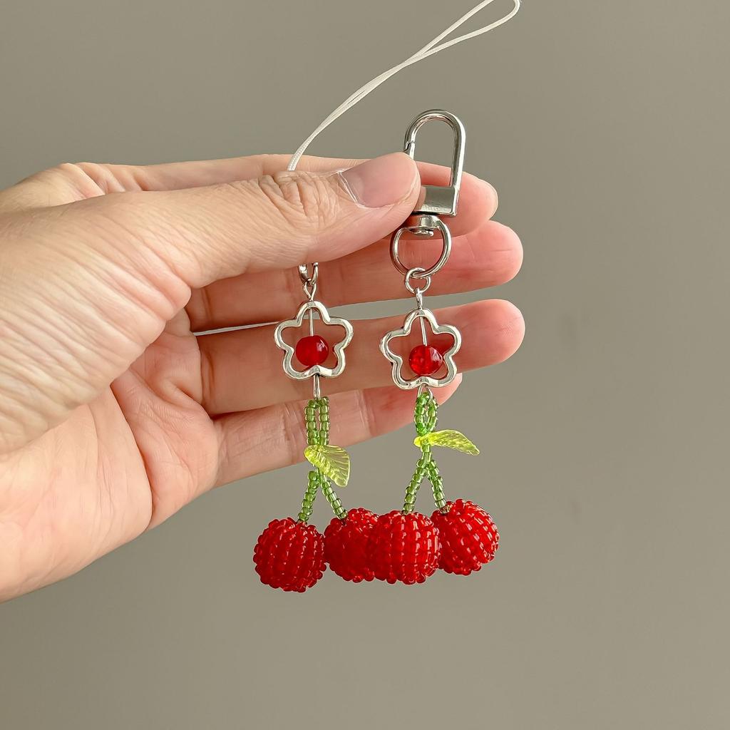 Minimalist Cute Cherry Phone Charm Strap Handmade Beaded Delicate Bag Keychain Lanyard For Airpods