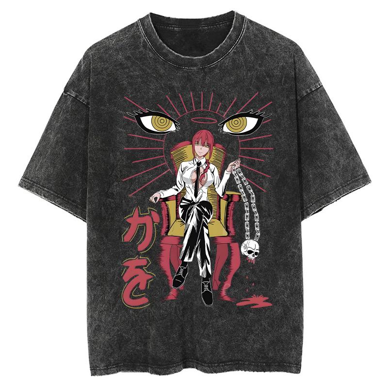Chainsaw Man Anime Clothing Makima Graphic Print Tee Men Women Oversized Casual Tshirts Harajuku Male Washed Cotton T-shirt