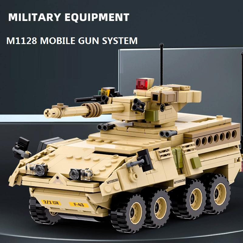 458PCS WW2 Military SAWT M1128 Mobile Gun Tank Building Blocks Mobile Gun System Model Bricks Children's Toys