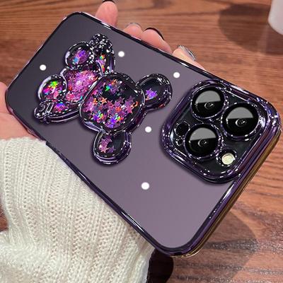 Cartoon Bear Glitter Quicksand Case for iPhone 17 16 15 14 Pro Max 13 12 11 X Xr Xs 7 8 Plus Transparent Plating Camera Film Soft Cover