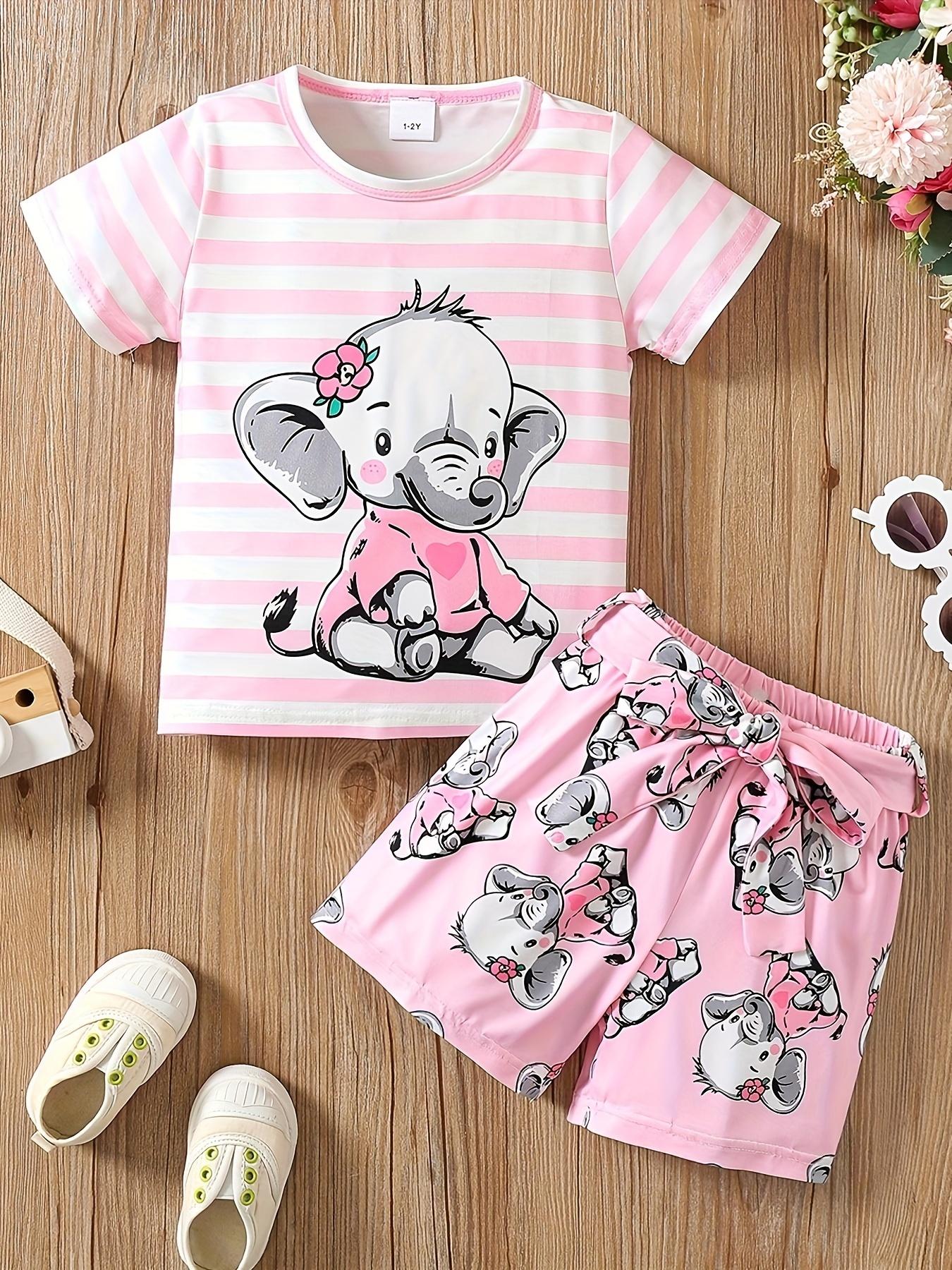 Girls Pajama Set Striped Elephant Print Short Sleeve Top and Shorts Casual Homewear 1-2Y