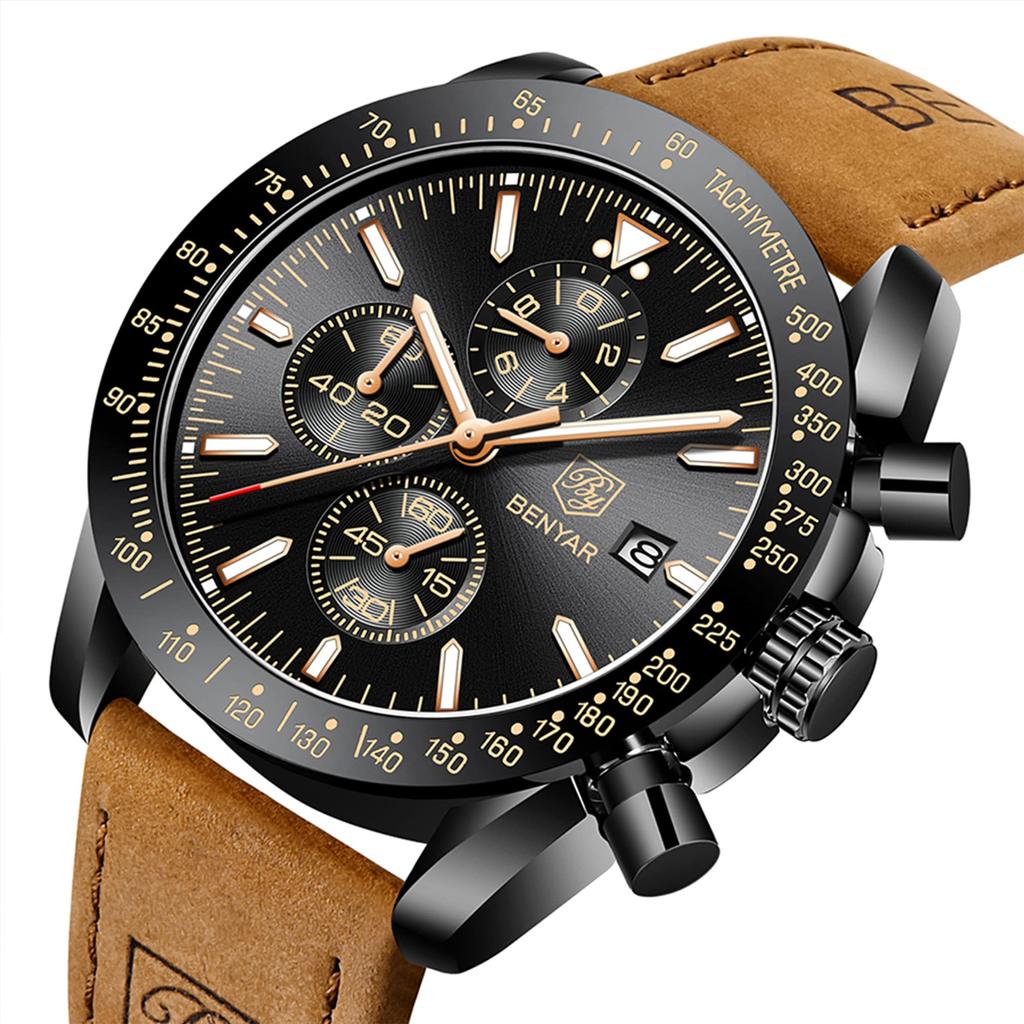 BY BENYAR Chronograph Analog 30M Water Leather Strap Quartz Gift for Brown or Black Men's Watch, Resistant, Simple, Stylish, Popular, Formal,