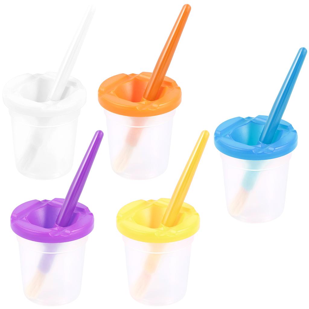 5Pcs Paint Cups Plastic Leak-proof Water Washing Cups with Brush Pen Washer Colorful Paint Brush Water Cup for Kids Art Supplies
