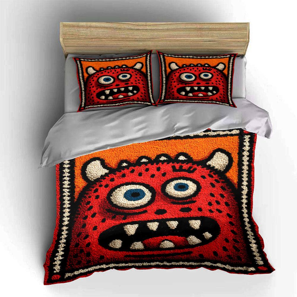 Red Monster Cartoon Design Bedding Duvet Cover Set (1*Duvet Cover 2*Pillowcases, without duvet insert)