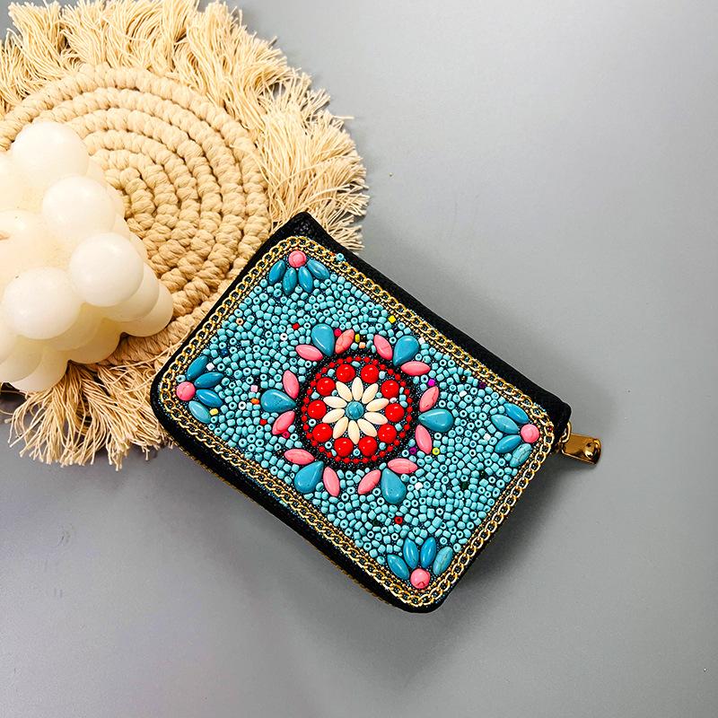 Ethnic Style Card Holder - Multi-layer Premium Hand-feel Vintage Delicate Beaded Zipper Pocket