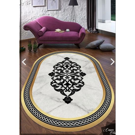 Gold Çerçeveli Mermer Zeminli Oval Halı (MAKİNADA YIKANABİLİR KAYMAZ TABAN)