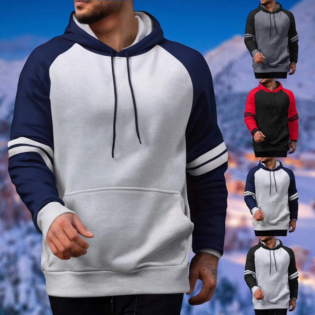 Men's Casual Loose Sweatshirt Blocking Color Drawstring Large Pocket Hoodie Raglan Sleeve Sports Sweatshirt