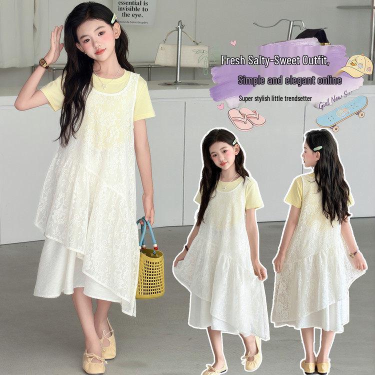 Koreanischer Stil Spitzen Sommer Zweiteiler Kleid mit unregelmäßigem Patchwork - Schichtendesign Midi