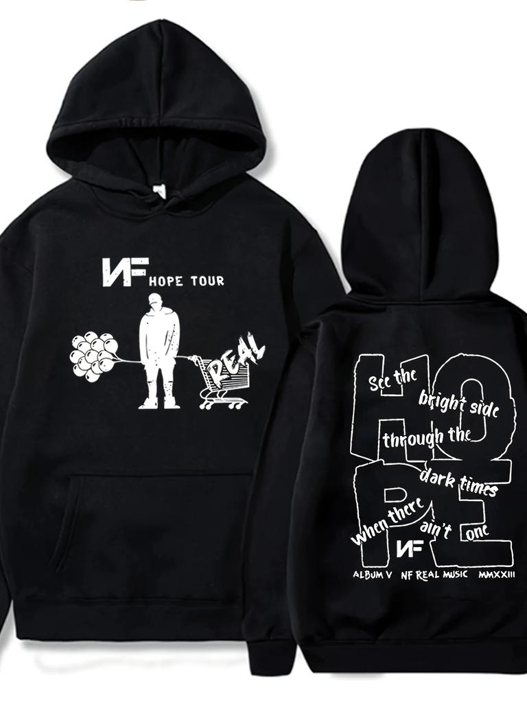 MenS Nf Hope Tour Graphic Hoodie Black Casual Streetwear Pullover Loose Fit Long Sleeves Polyester Blend for Fall Winter