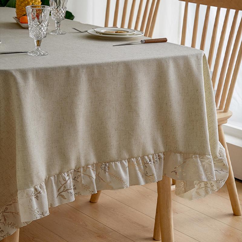 Solid Color Linen Ruffle Edge Tablecloth High-End Khaki Rectangular American Dining Table Mat Fringe Labeling
