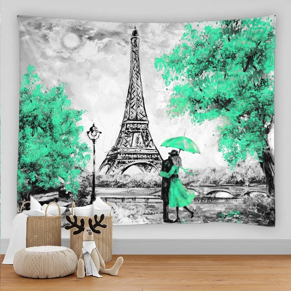 Paris Tapestry Backdrop  Wall Art Eiffel Tower Photo Banner Background European City Landscape Pink  Hanging Decor