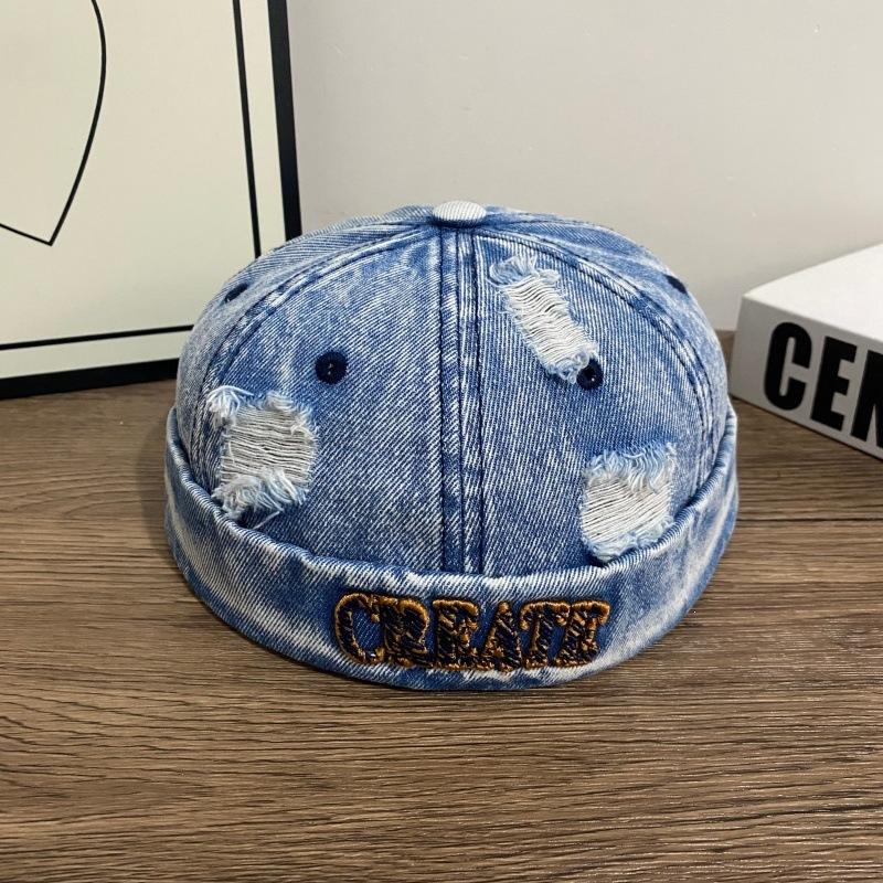 Japanese style ripped denim melon skin hat for men and women k-styleeasiest for matchretro patch stylishletter hat trendy brand landlord hat