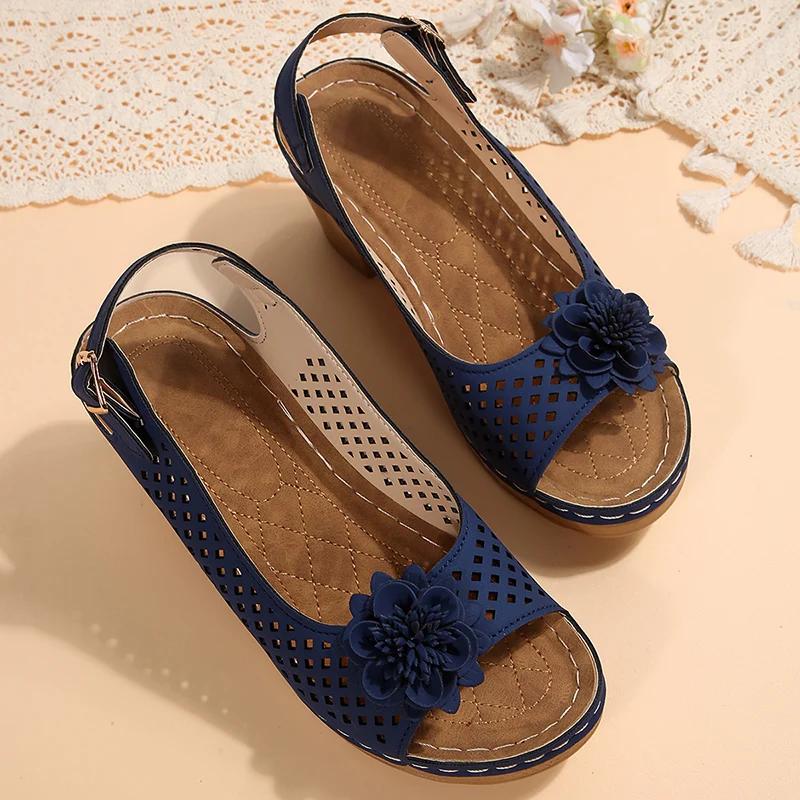 Fashion Summer Sandles for Women Fashion Flowers High Heels Sandals Women Back Strap Hollow Out   Plus Size Thick Heeled Sandalias Mujer