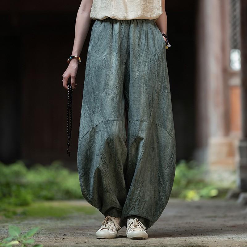 

Johnature Женские винтажные панталоны, однотонные лоскутные брюки, летние брюки с эластичной талией, свободные длинные брюки One Size зелёный