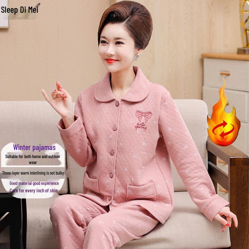 Women's Thick Warm Knitted Cotton Pajamas for Autumn/Winter - Middle-Aged & Elderly Sleepwear, Versatile Home & Outdoor Wear