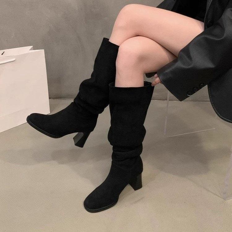 High-heeled suede square head stacked long boots women's boots 2025 new autumn and winter thin but knee high boots