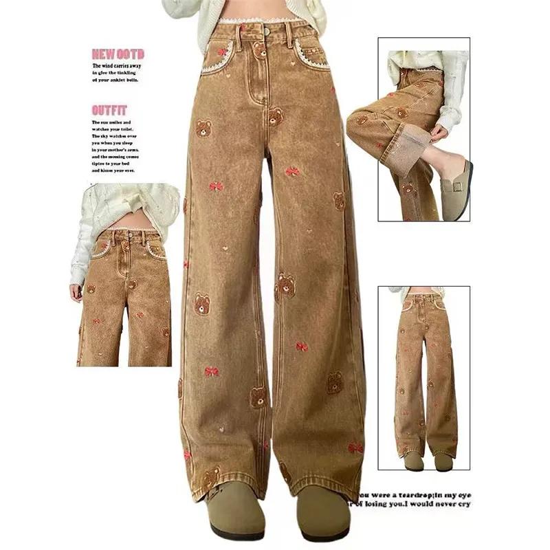 

Кружевной плюшевый мишка Вышитый лоскутный дизайн Джинсы с широкими штанинами Весенние Джинсы с высокой посадкой Облегающие Повседневные Джинсы для поездок на работу 4XL