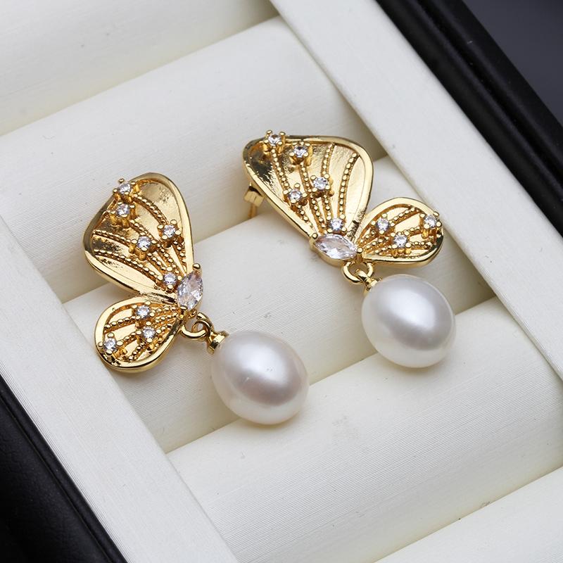 Trendy White Stud Earrings Pearl,Wedding Butterfly Natural Freshwater Pearl Earrings Engagement Gift Pink Black