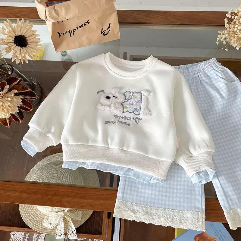 Girls Spring Autumn 2 Piece Set Cute Dog Embroidered Sweatshirt With Ruffle Plaid Casual Pants Stylish Kids Outfit