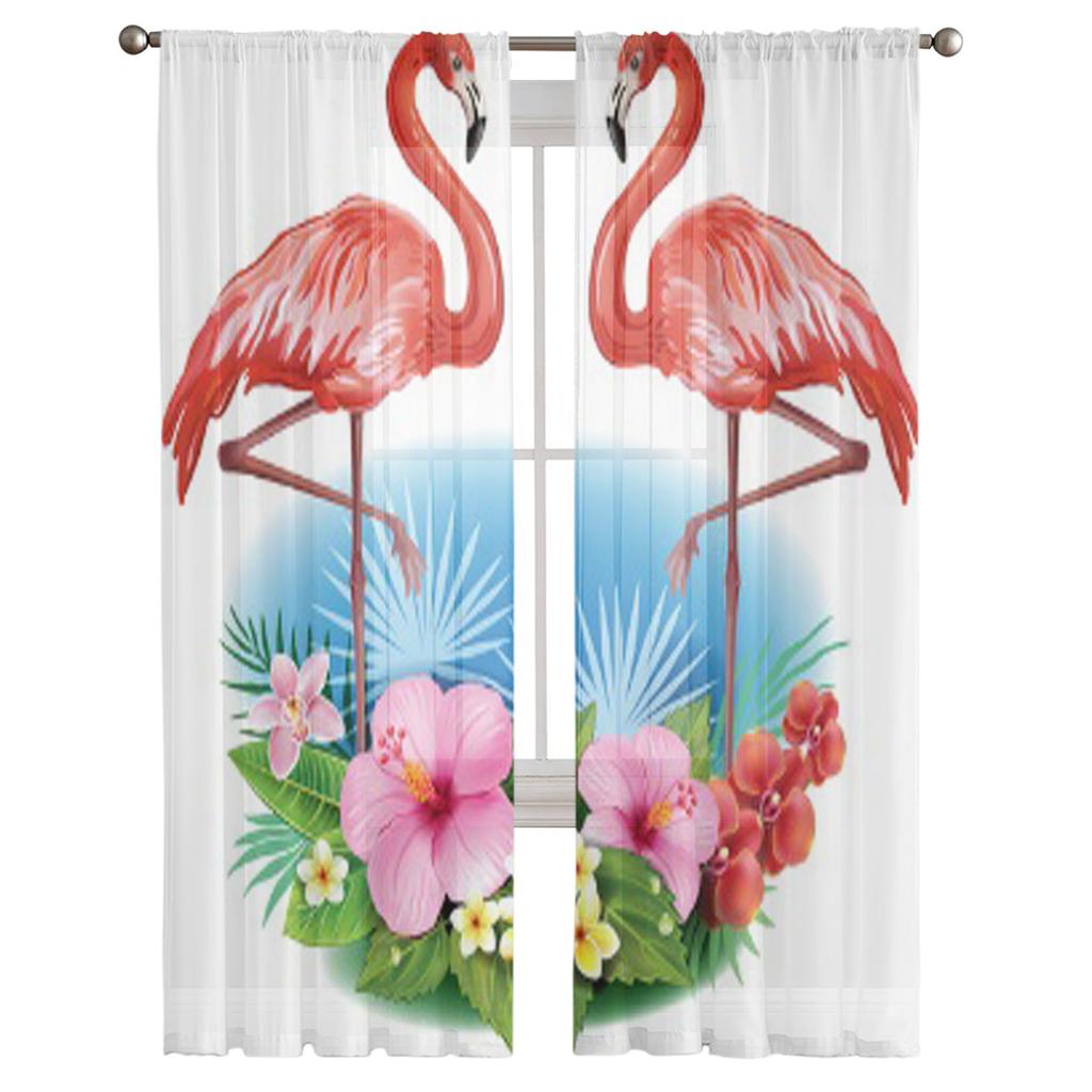 Tropical Flowers And Flamingos Sheer Curtain For Living Room Modern Voile Tulle Window Curtains For Bedroom Kitchen Drapes