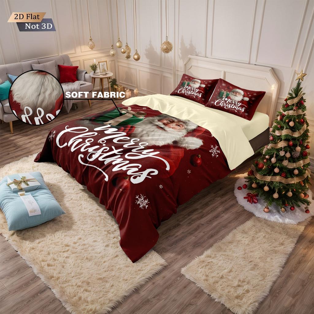 3pcs Merry Christmas Santa Claus Printed Chipless Duvet Cover Set Multi Size Bedroom Bedding Decoration Machine Washable