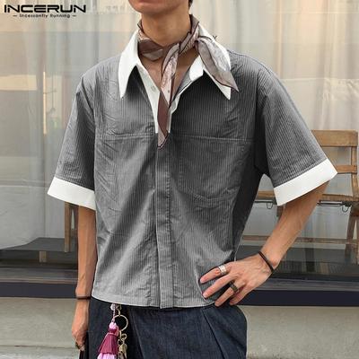 Oversized Men Lapel Neck Short Sleeve Striped Stitching Casual Shirts