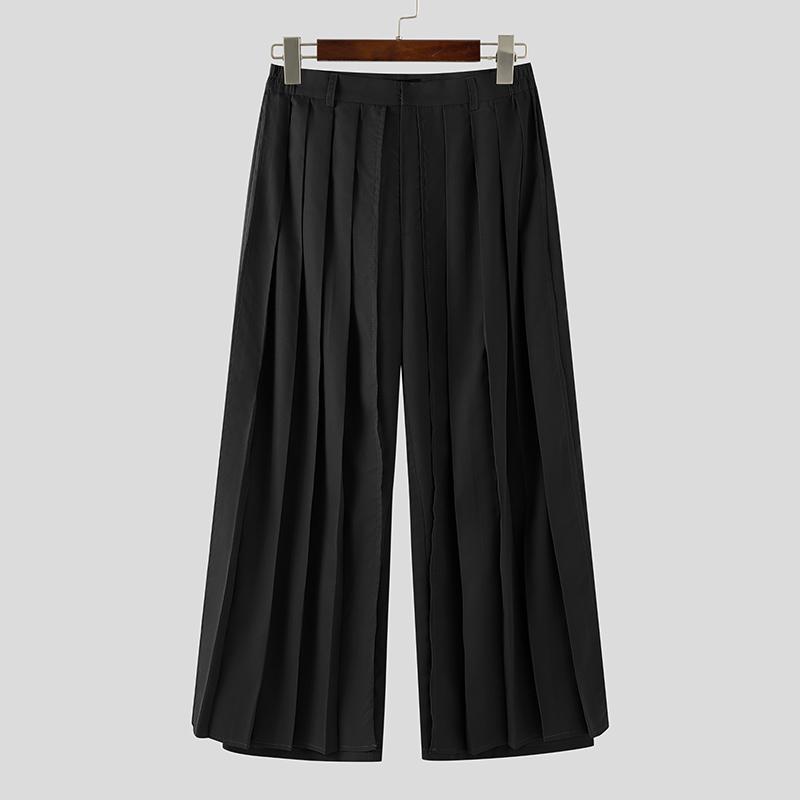 INCERUN Men Solid Color Zipper Waist Pleated Layers Casual Wide Legs Pants Trousers
