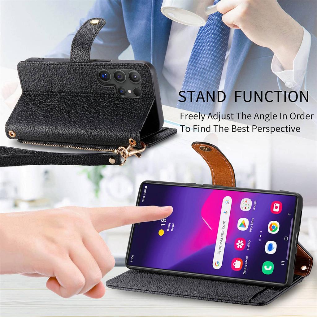 Wallet Case for Samsung Galaxy S25 S24 S23 S22 S21 S20 Ultra Zipper Pocket Purse with Wrist Strap, Stand RFID Flip Card Holder